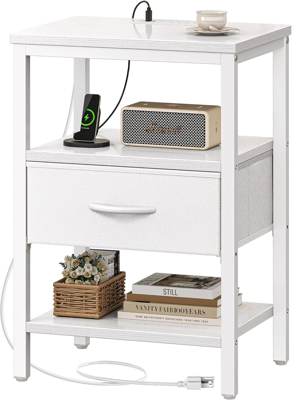 SUPERJARE Nightstand with Charging Station, Bed Side Table with Adjustable Fabric Drawer, Night Stand for Bedroom, 3-Tier Storage End Table, for Living Room, Rustic Brown and Black - Grand Goldman