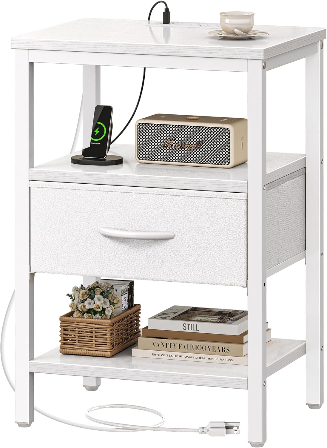 SUPERJARE Nightstand with Charging Station, Bed Side Table with Adjustable Fabric Drawer, Night Stand for Bedroom, 3-Tier Storage End Table, for Living Room, Rustic Brown and Black - Grand Goldman