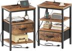 SUPERJARE Nightstand with Charging Station, Bed Side Table with Adjustable Fabric Drawer, Night Stand for Bedroom, 3-Tier Storage End Table, for Living Room, Rustic Brown and Black - Grand Goldman