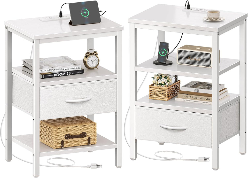 SUPERJARE Nightstand with Charging Station, Bed Side Table with Adjustable Fabric Drawer, Night Stand for Bedroom, 3-Tier Storage End Table, for Living Room, Rustic Brown and Black - Grand Goldman