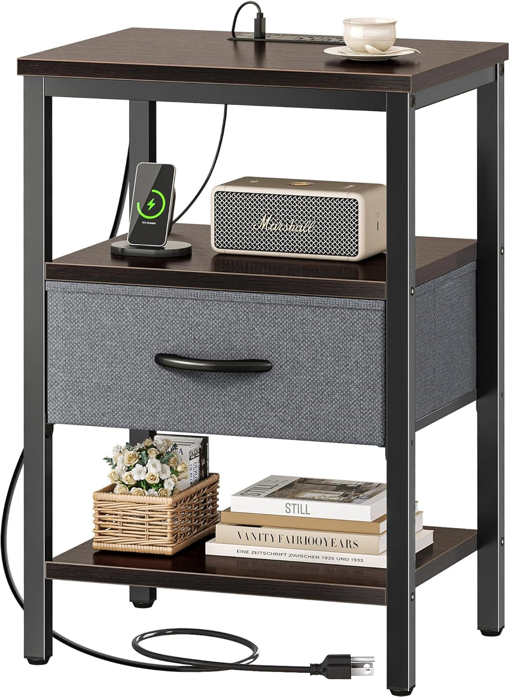 SUPERJARE Nightstand with Charging Station, Bed Side Table with Adjustable Fabric Drawer, Night Stand for Bedroom, 3-Tier Storage End Table, for Living Room, Rustic Brown and Black - Grand Goldman