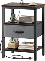 SUPERJARE Nightstand with Charging Station, Bed Side Table with Adjustable Fabric Drawer, Night Stand for Bedroom, 3-Tier Storage End Table, for Living Room, Rustic Brown and Black - Grand Goldman
