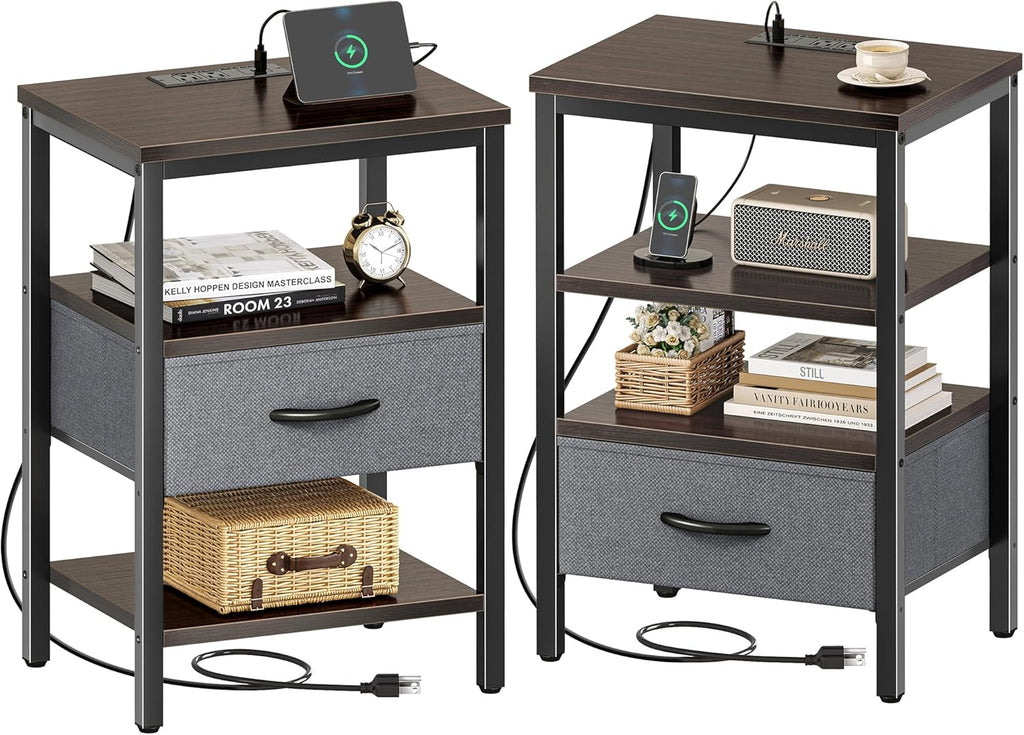 SUPERJARE Nightstand with Charging Station, Bed Side Table with Adjustable Fabric Drawer, Night Stand for Bedroom, 3-Tier Storage End Table, for Living Room, Rustic Brown and Black - Grand Goldman