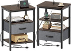 SUPERJARE Nightstand with Charging Station, Bed Side Table with Adjustable Fabric Drawer, Night Stand for Bedroom, 3-Tier Storage End Table, for Living Room, Rustic Brown and Black - Grand Goldman