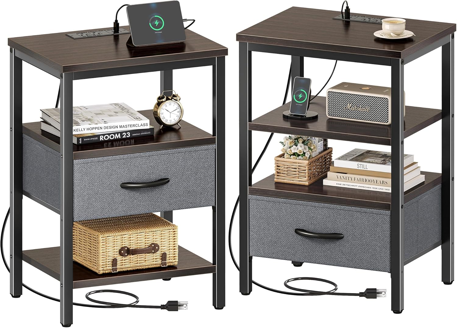 SUPERJARE Nightstand with Charging Station, Bed Side Table with Adjustable Fabric Drawer, Night Stand for Bedroom, 3-Tier Storage End Table, for Living Room, Rustic Brown and Black - Grand Goldman
