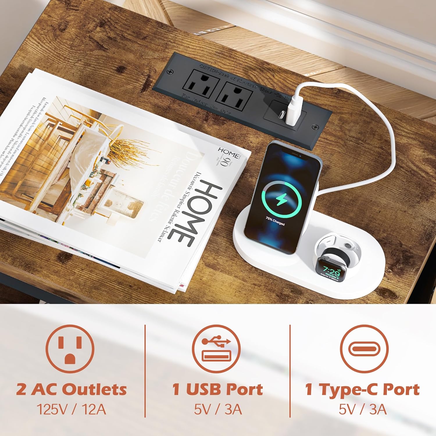 SUPERJARE Nightstand with Charging Station, Bed Side Table with Adjustable Fabric Drawer, Night Stand for Bedroom, 3-Tier Storage End Table, for Living Room, Rustic Brown and Black - Grand Goldman