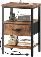 SUPERJARE Nightstand with Charging Station, Bed Side Table with Adjustable Fabric Drawer, Night Stand for Bedroom, 3-Tier Storage End Table, for Living Room, Rustic Brown and Black - Grand Goldman
