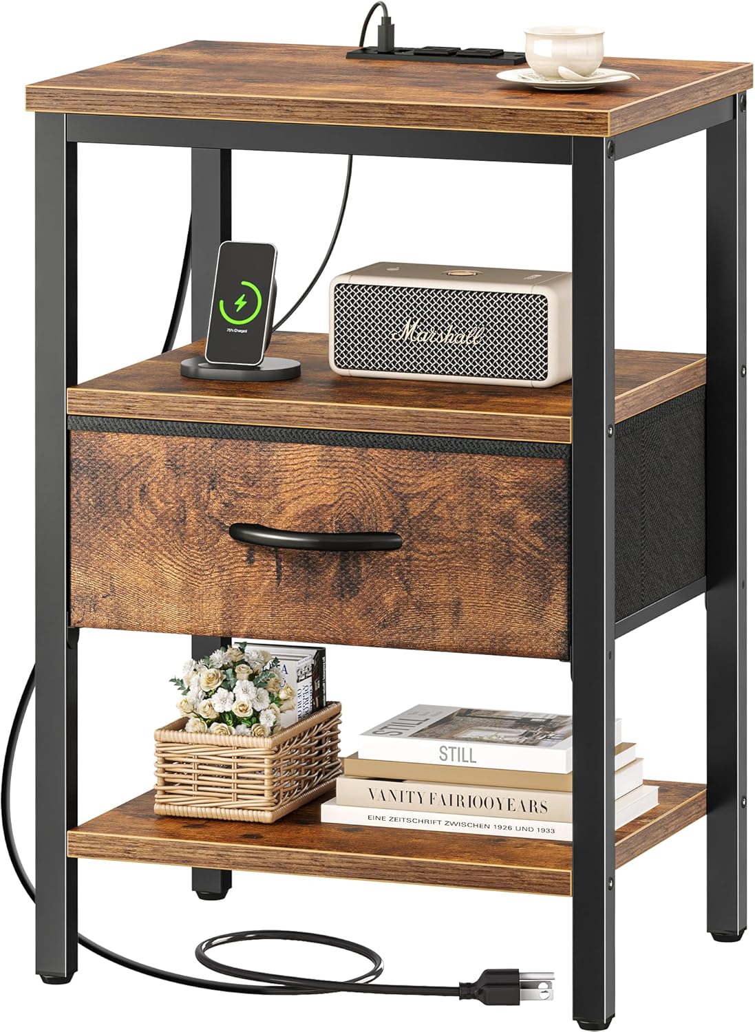 SUPERJARE Nightstand with Charging Station, Bed Side Table with Adjustable Fabric Drawer, Night Stand for Bedroom, 3-Tier Storage End Table, for Living Room, Rustic Brown and Black - Grand Goldman