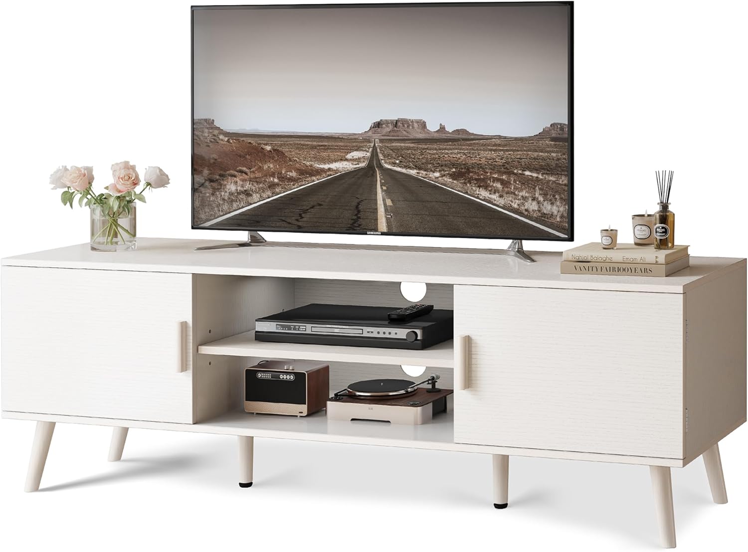 SUPERJARE TV Stand for 55 Inch TV, Entertainment Center with Adjustable Shelf, 2 Cabinets, TV Console Table, Media Console, Solid Wood Feet, Cord Holes, for Living Room, Bedroom, White - Grand Goldman