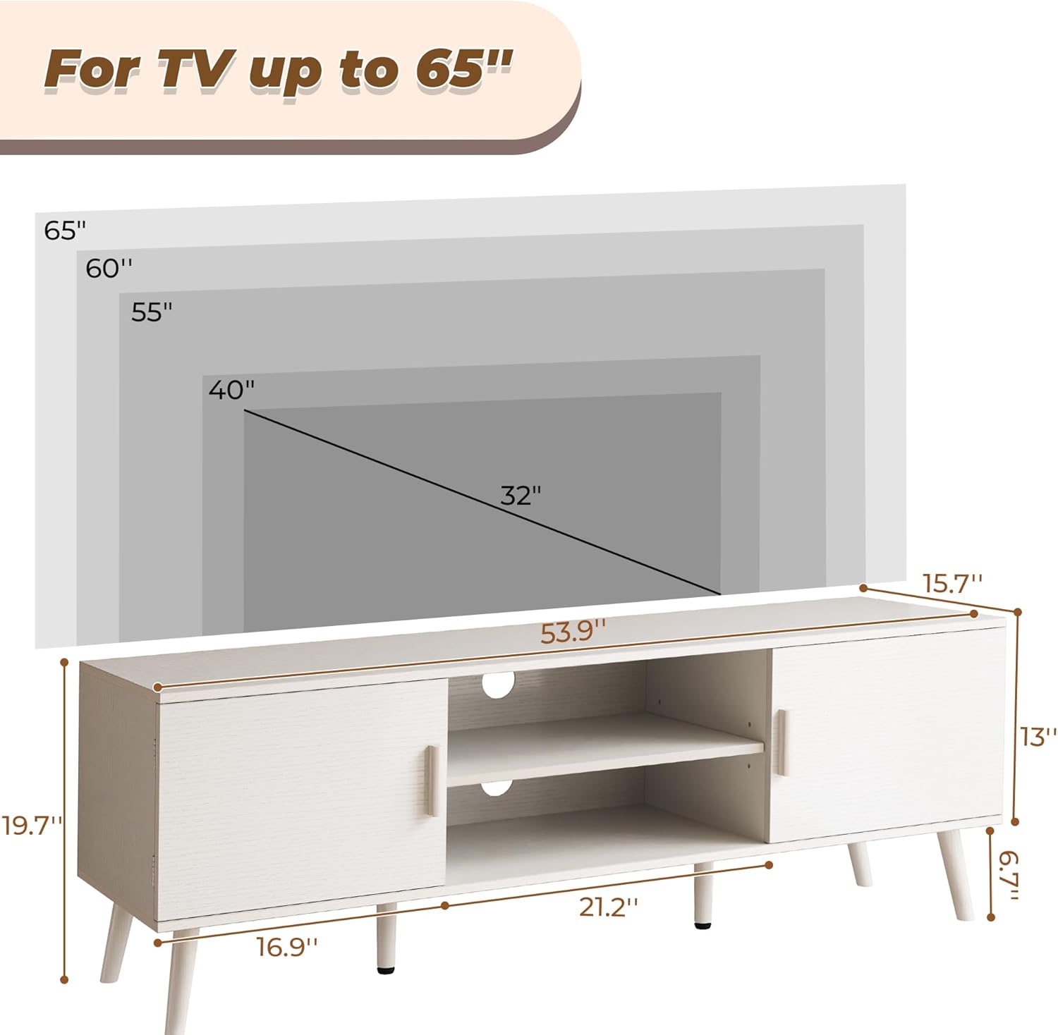 SUPERJARE TV Stand for 55 Inch TV, Entertainment Center with Adjustable Shelf, 2 Cabinets, TV Console Table, Media Console, Solid Wood Feet, Cord Holes, for Living Room, Bedroom, White - Grand Goldman