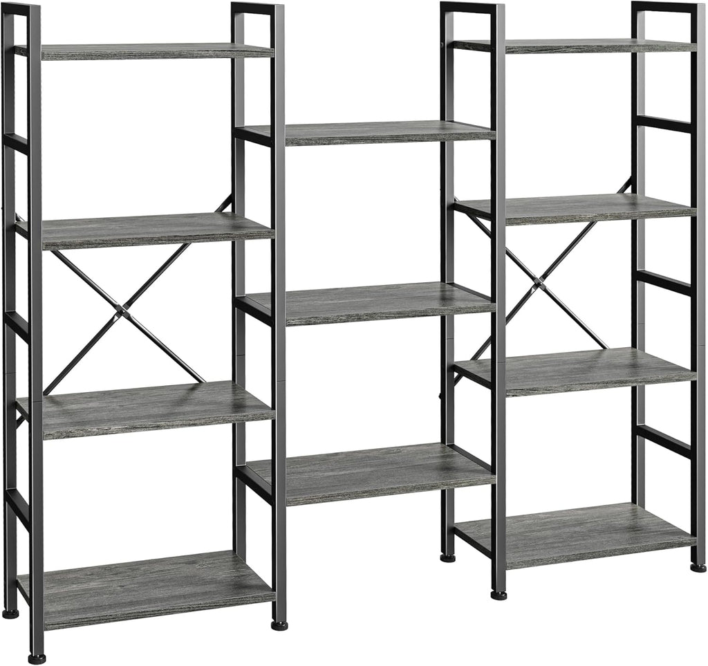 SUPERJARE Triple 4 Tier Bookshelf, Bookcase with 11 Open Display Shelves, Wide Book Shelf Book Case for Home & Office, Rustic Brown - Grand Goldman