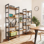 SUPERJARE Triple 4 Tier Bookshelf, Bookcase with 11 Open Display Shelves, Wide Book Shelf Book Case for Home & Office, Rustic Brown - Grand Goldman