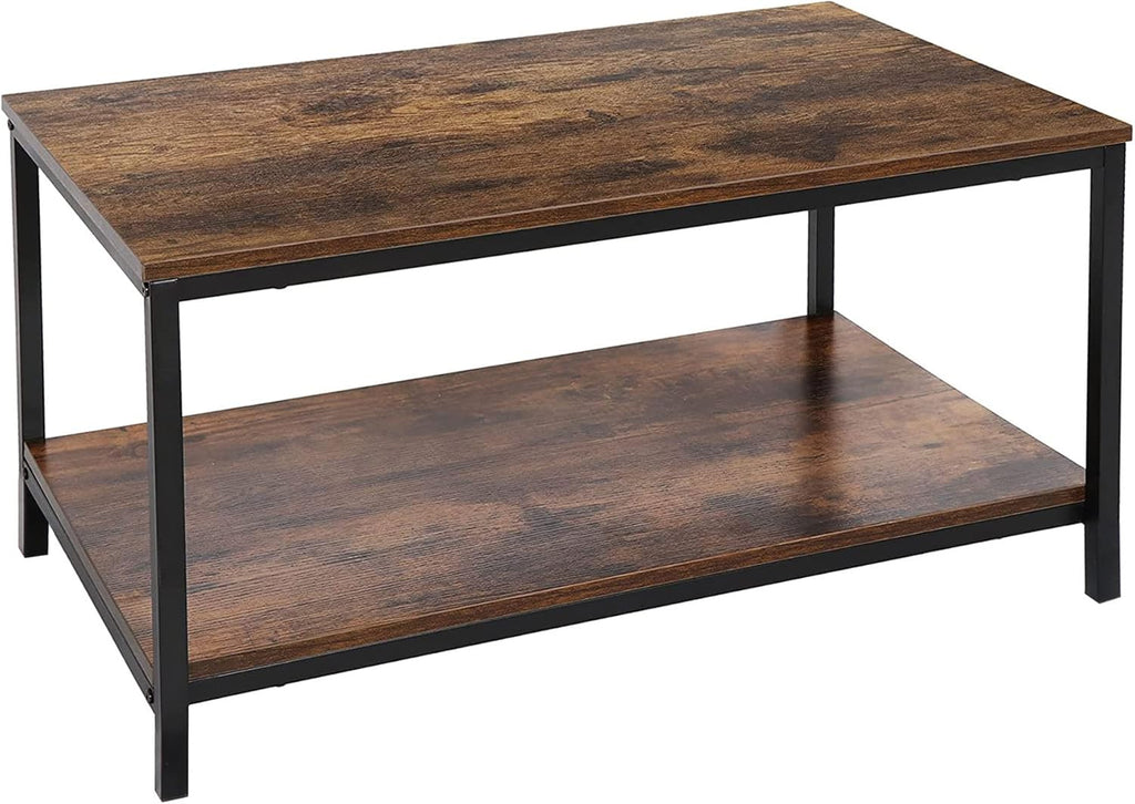 SUPER DEAL 2-Tier Industrial Coffee Table with Storage Shelf for Small Apartment Living Room, Rectangle Wood and Stable Metal TV Stand Side End Table, Rustic Brown - Grand Goldman