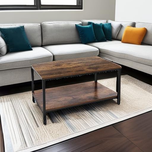 SUPER DEAL 2-Tier Industrial Coffee Table with Storage Shelf for Small Apartment Living Room, Rectangle Wood and Stable Metal TV Stand Side End Table, Rustic Brown - Grand Goldman