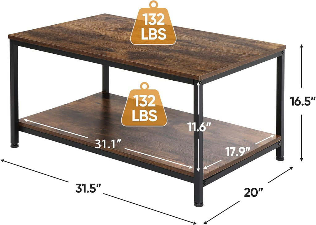 SUPER DEAL 2-Tier Industrial Coffee Table with Storage Shelf for Small Apartment Living Room, Rectangle Wood and Stable Metal TV Stand Side End Table, Rustic Brown - Grand Goldman