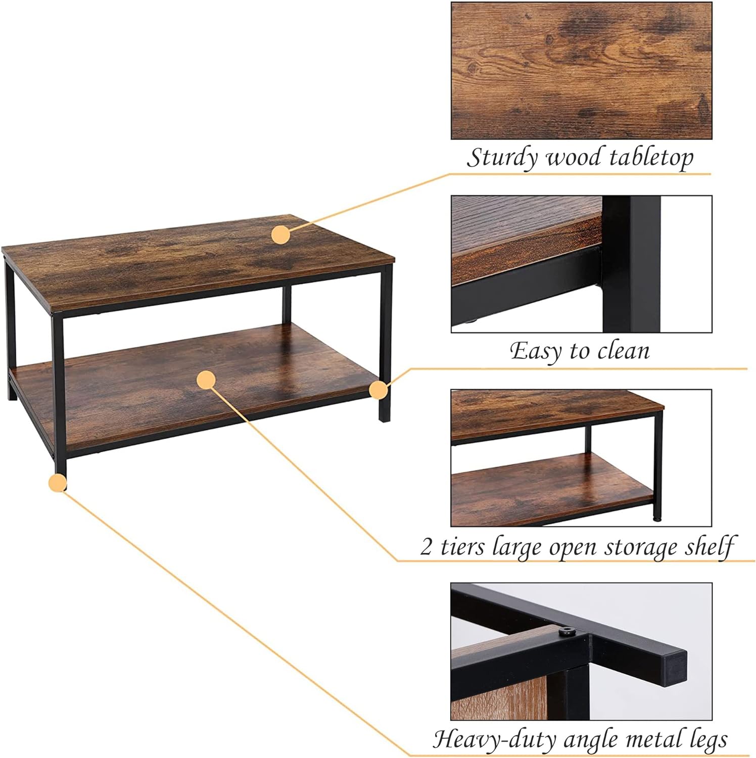 SUPER DEAL 2-Tier Industrial Coffee Table with Storage Shelf for Small Apartment Living Room, Rectangle Wood and Stable Metal TV Stand Side End Table, Rustic Brown - Grand Goldman
