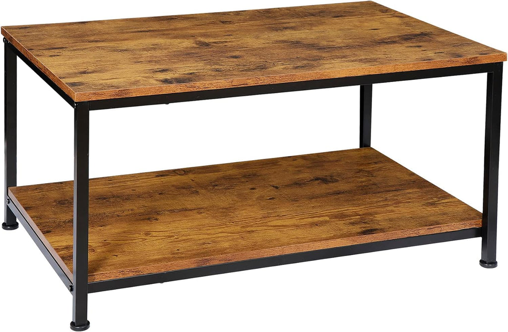 SUPER DEAL 2-Tier Industrial Coffee Table with Storage Shelf for Small Apartment Living Room, Rectangle Wood and Stable Metal TV Stand Side End Table, Rustic Brown - Grand Goldman