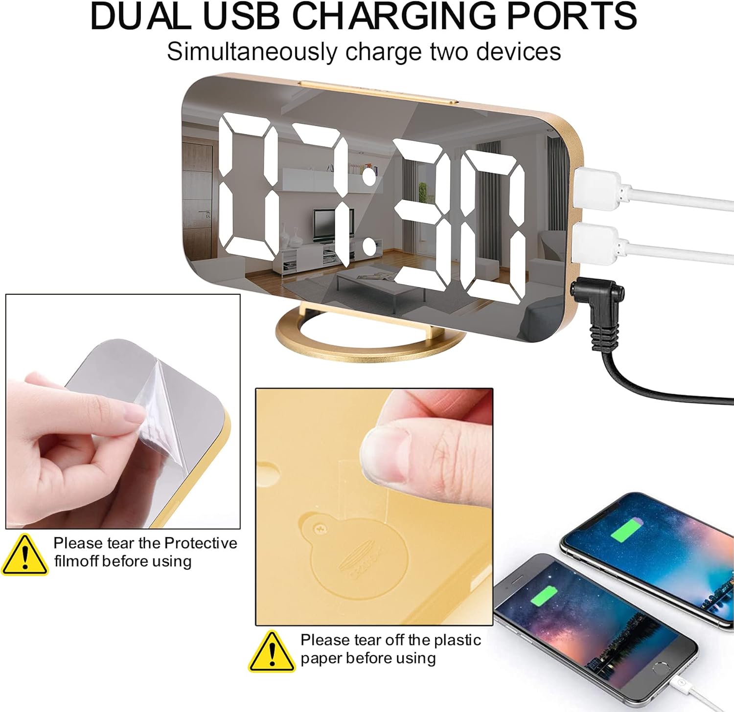 SZELAM Digital Alarm Clock,LED and Mirror Desk Clock Large Display,with Dual USB Charger Ports,3 Levels Brightness,12/24H,Modern Electronic Clock for Bedroom Home Living Room Office - Gold - Grand Goldman