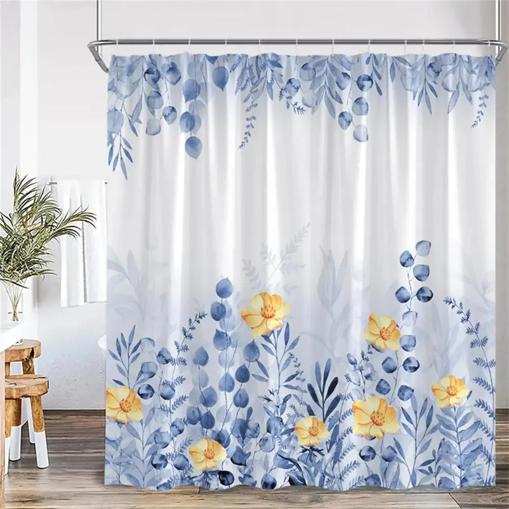 Blue Leaves Shower Curtain Watercolour Plant Eucalyptus Leaf Modern Simple Home Bathroom Decor Fabric Bath Curtains With Hooks