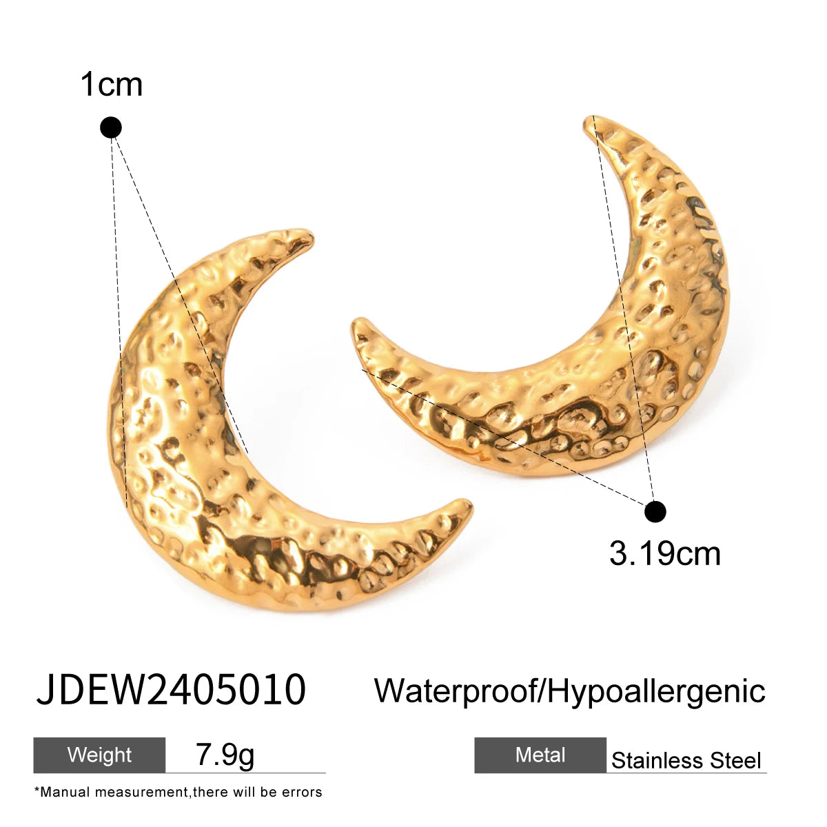 18K PVD Plated Trendy Stainless Steel Hammer Grain Half-Moon Earrings Opening Ring Set Waterproof for Women Gala Gift - Grand Goldman