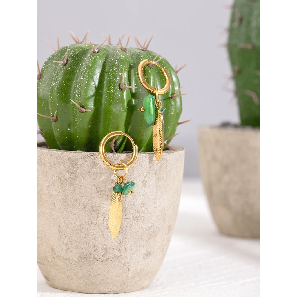 Natural Stone Leaf Feather Buckle Earrings Stainless Steel Metal 18K PVD Gold Plated Women Prevent Allergy Delicate Jewelry