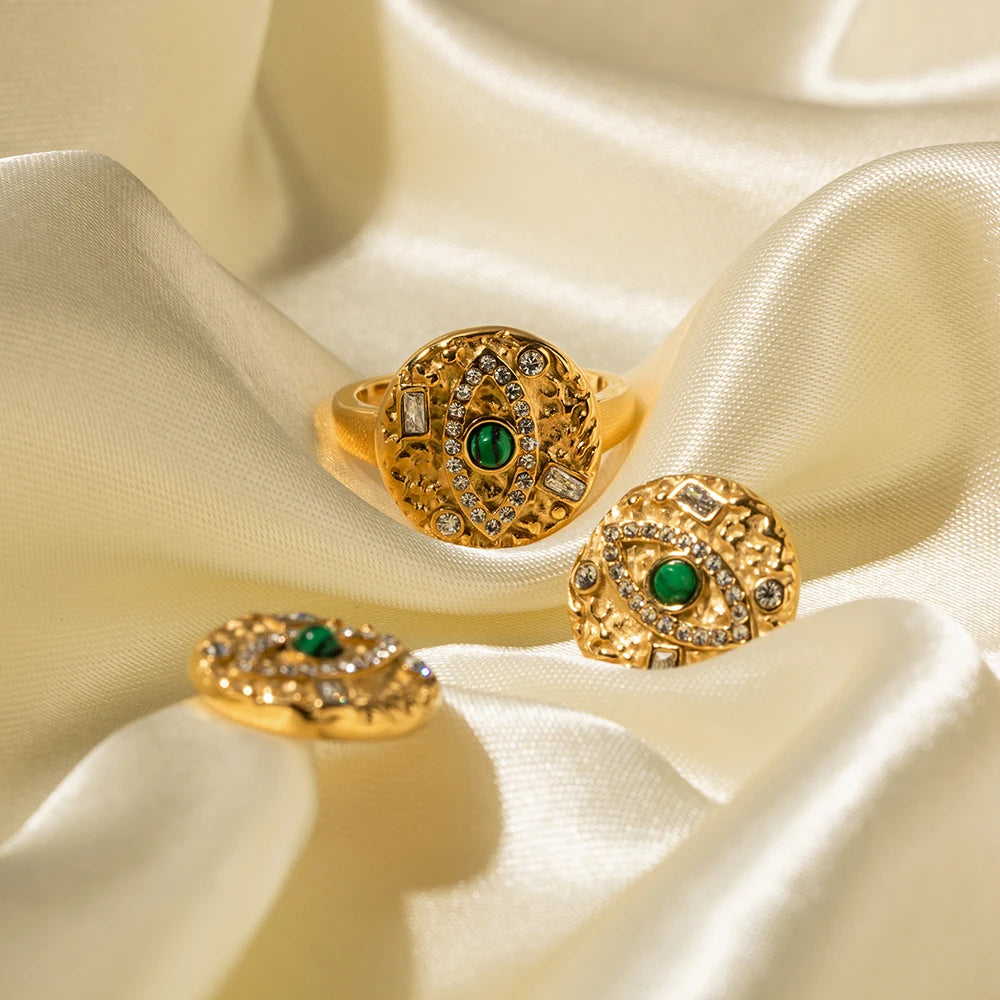Roestvrij staal 18K goud vergulde malachiet inleg met duivels oog vorm ring oorbel set vrouwen vinger oor verkleuring vrije sieraden