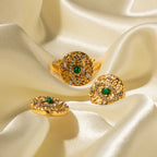 Edelstahl 18K vergoldet Malachit Einlage mit Teufelsauge Form Ring Ohrring Set Damen Finger Ohr anlauffreier Schmuck