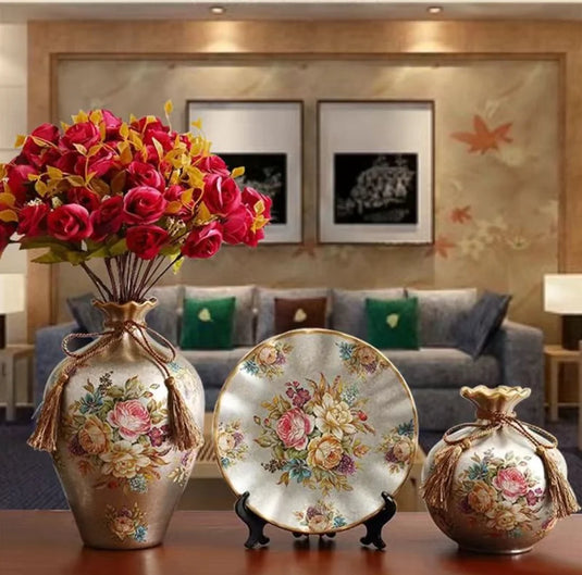 WISTERIA vintage keramisk vasesæt med håndmalede tørrede blomster victorianske 3 stk. bordplade amfora til interiør i gammel stil bryllupsdekorationer
