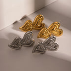 Double Heart Shaped Stainless Steel 18K Gold Plated Liquid Hammer Grain Half-3D Earrings Light Luxury Tarnish-proof Jewelry - Grand Goldman