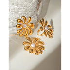 18k Goud Vergulde Minimalistische Lichte Gezellige Zonnebloem Ontwerp Plakkerige Plastic Parel Oorbel Ring Set Gepersonaliseerde Statement Sieraden