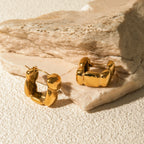 Stylish Unique Metal Textured Square Bean Hoop Earrings Steel 18k Gold Plated Women Anti Allergic Metal Distinctive Jewelry