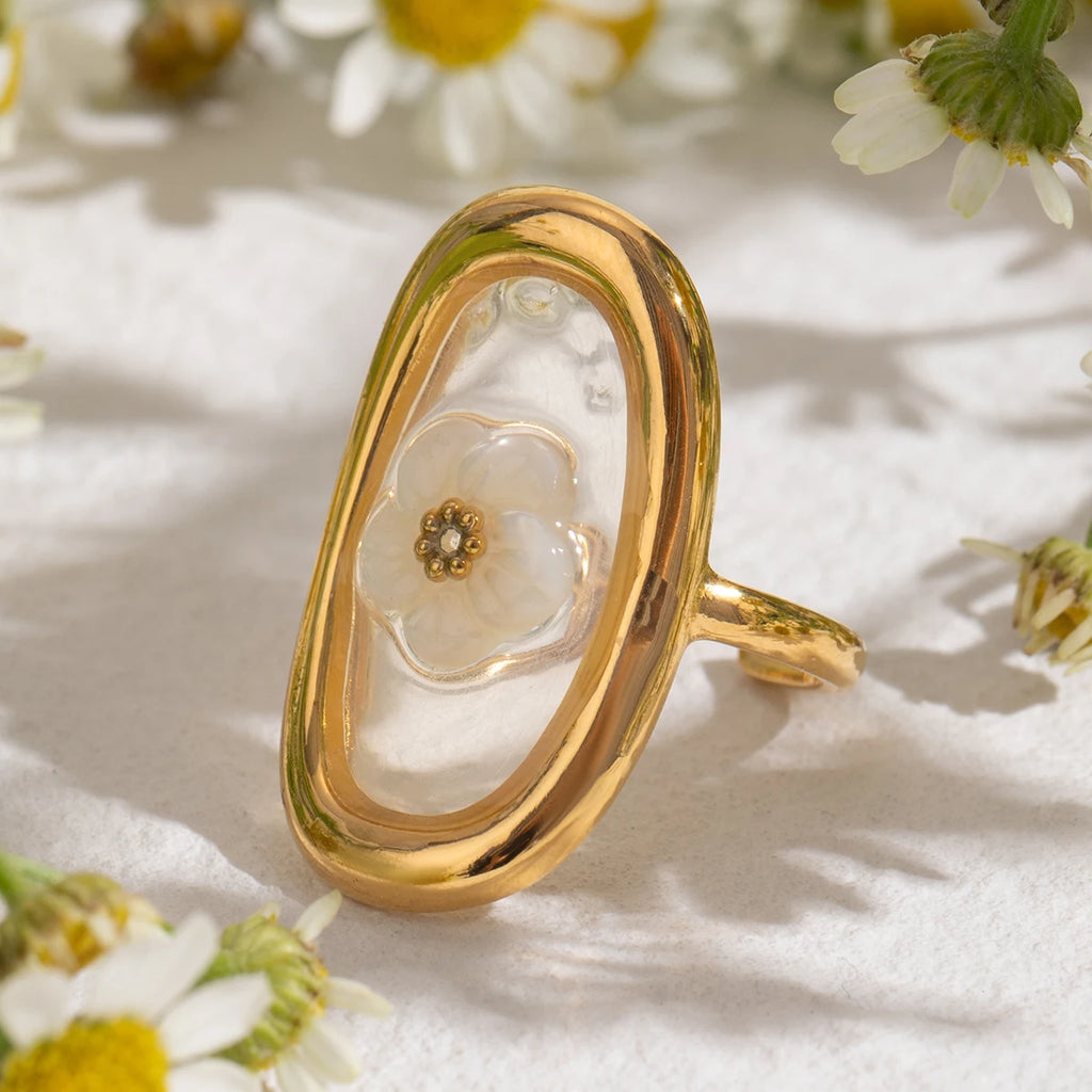 Kreativer 18K vergoldeter Edelstahl Oval Muschel Blumen Stahlperlen Offener Ring Damen Antiallergischer Charme Täglicher Schmuck