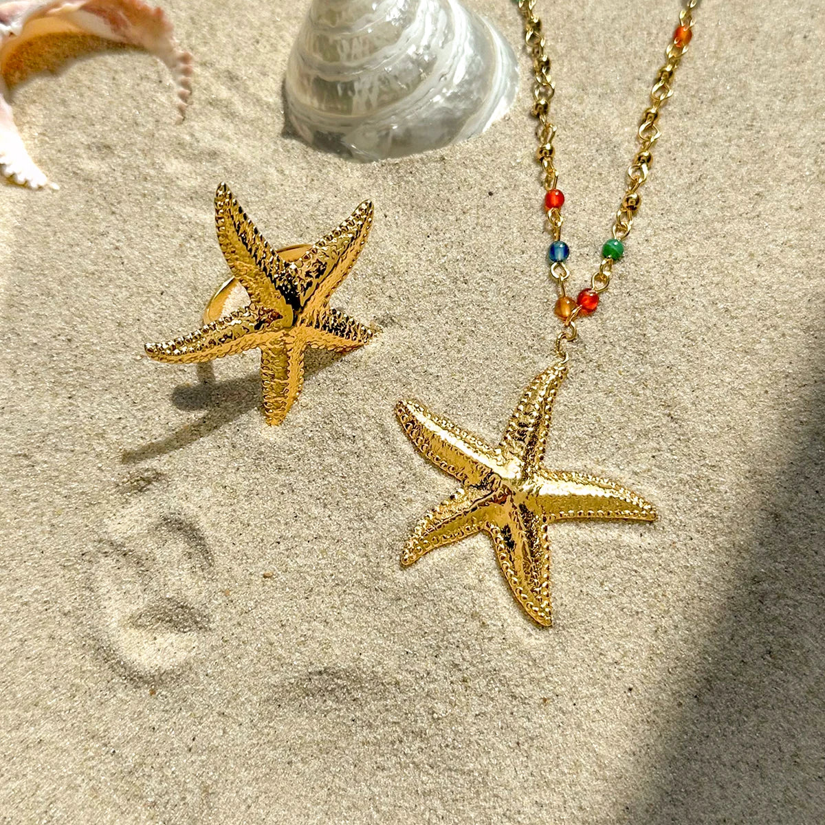 Creative 18k Gold Plated Hammer Grain Starfish Pendant Necklace Earrings Stainless Steel Women Anti Allergic Charm Jewelry