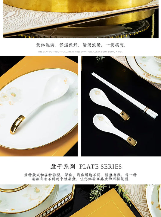 Jingdezhen Ceramic Tableware, Light Luxury Bone Porcelain Tableware Set, Household Bowl and Chopstick Plate Combination