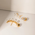 18k vergoldete, rostfreie Edelstahl-Ohrringe mit gebogenem Perlenanhänger, Zirkon-Einlage, exquisite Sommer-anti-allergische Schmuckstücke