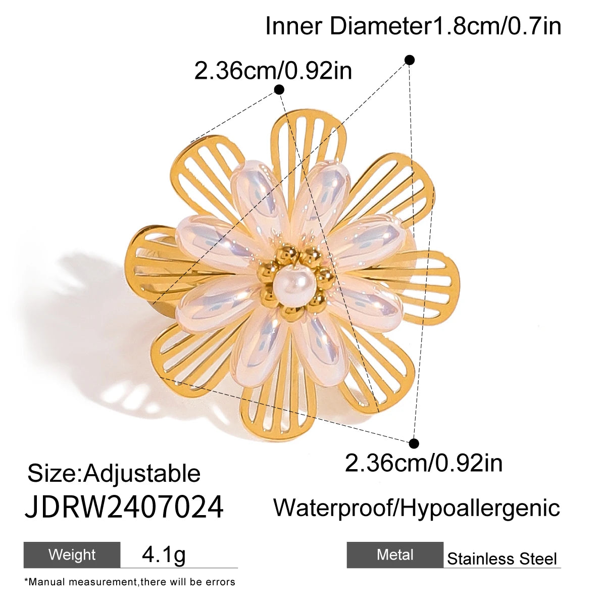 Vintage 18K Stainless Steel Shell Beads Hollow Plastic Flower Open End Ring Women Anti Allergic Charm Daily Jewelry Bijoux Femme