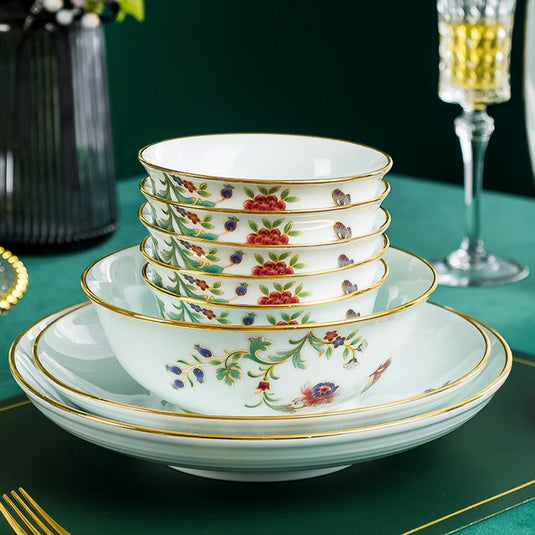 68 Piece Set Tableware Set Bowl and Dish 68 Piece Set Gilding Process Floral Butterfly Double Ear Pot Plate Spoon Stewing Cup Combination Set