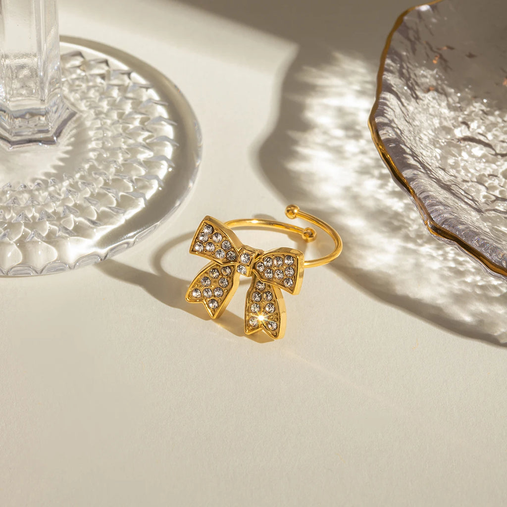 18K PVD Minimalist Light Cozy Stainless Steel Bowknot Rhinestone Open Ring Earring Set Trendy Women Waterproof Bijoux Jewelry