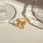 18K PVD Minimalist Light Cozy Stainless Steel Bowknot Rhinestone Open Ring Earring Set Trendy Women Waterproof Bijoux Jewelry