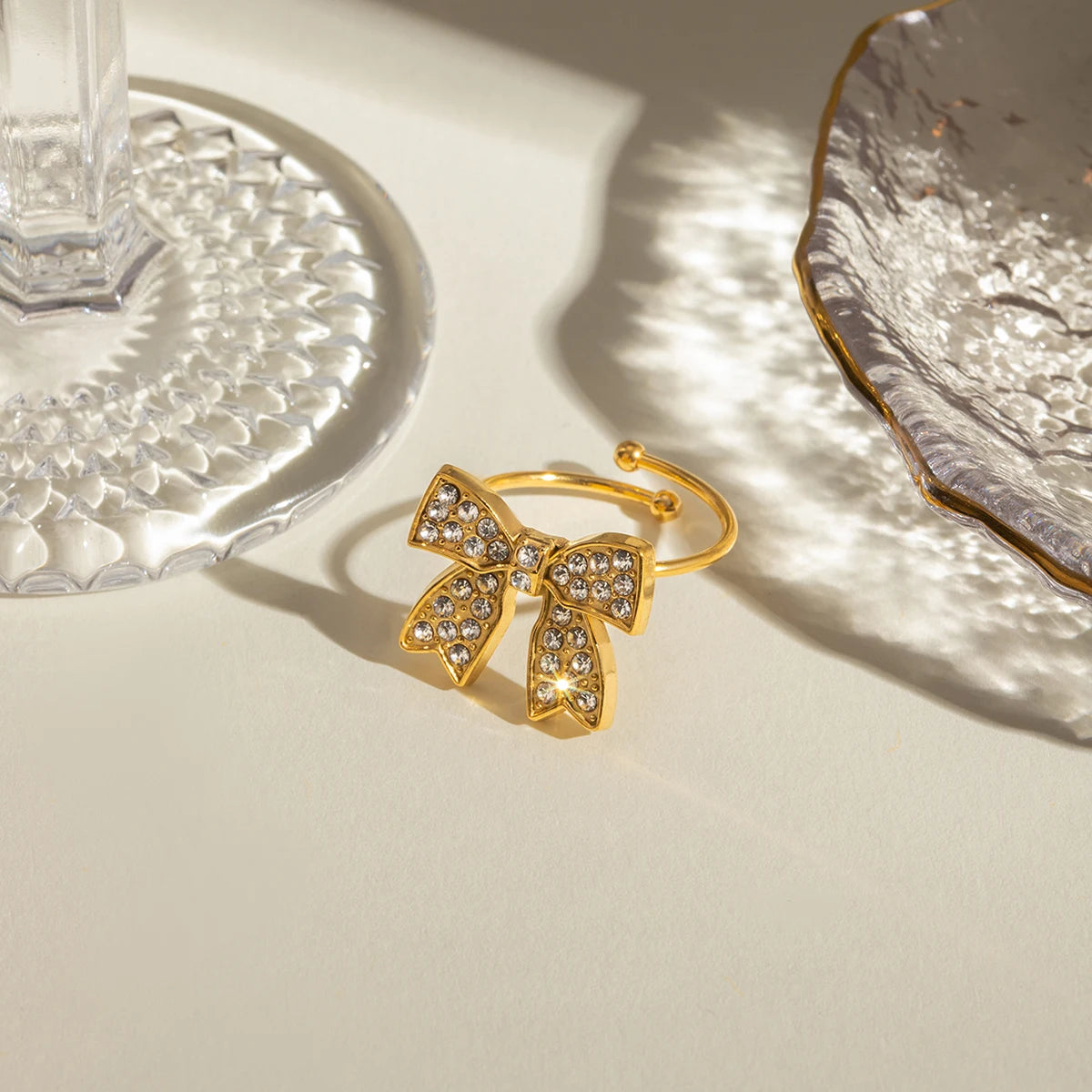 18K PVD Minimalist Light Cozy Stainless Steel Bowknot Rhinestone Open Ring Earring Set Trendy Women Waterproof Bijoux Jewelry