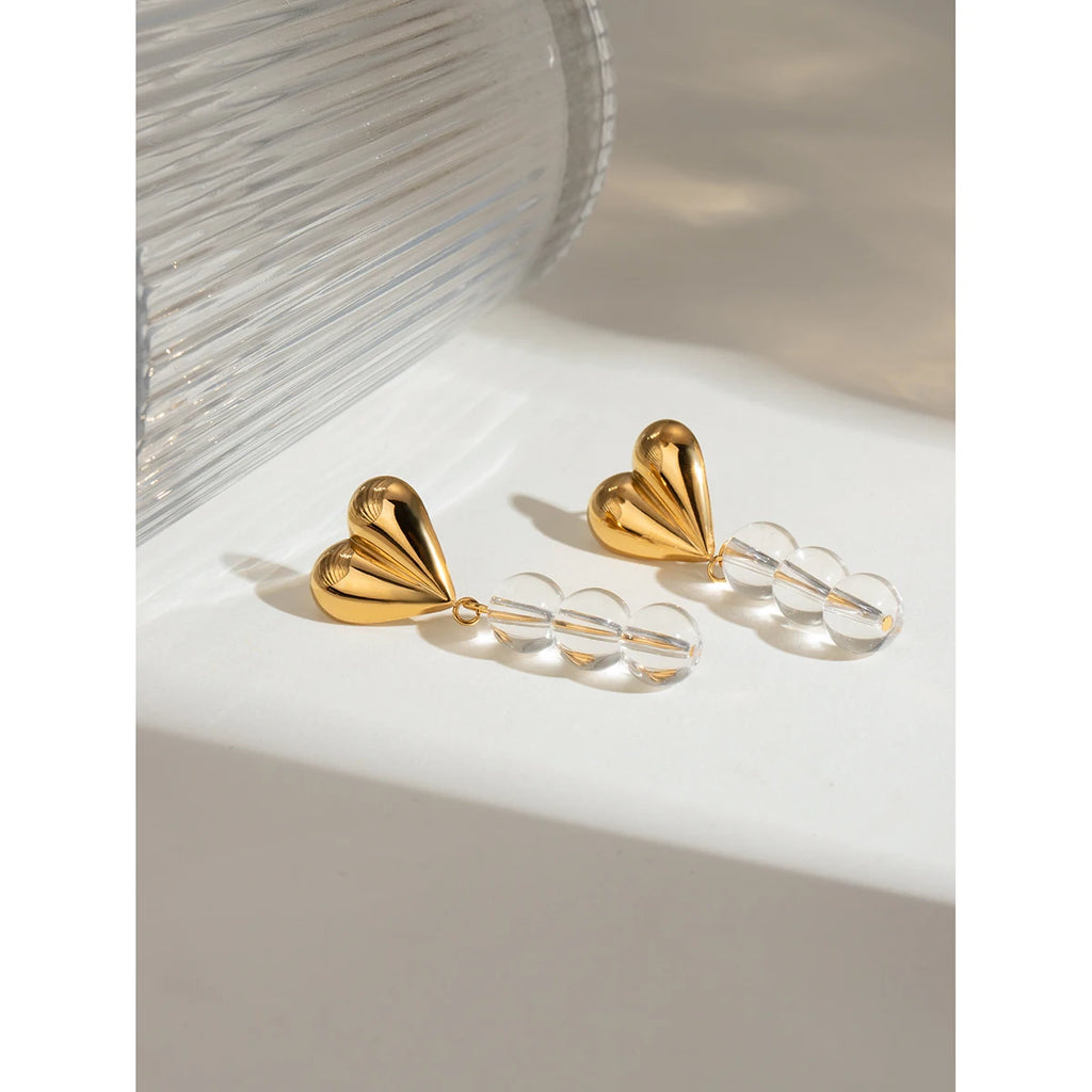 Stainless Steel Vintage Metal 18k Gold Plated Love Heart Hanging Glass Bead String Earrings Women Waterproof Romantic Jewelry