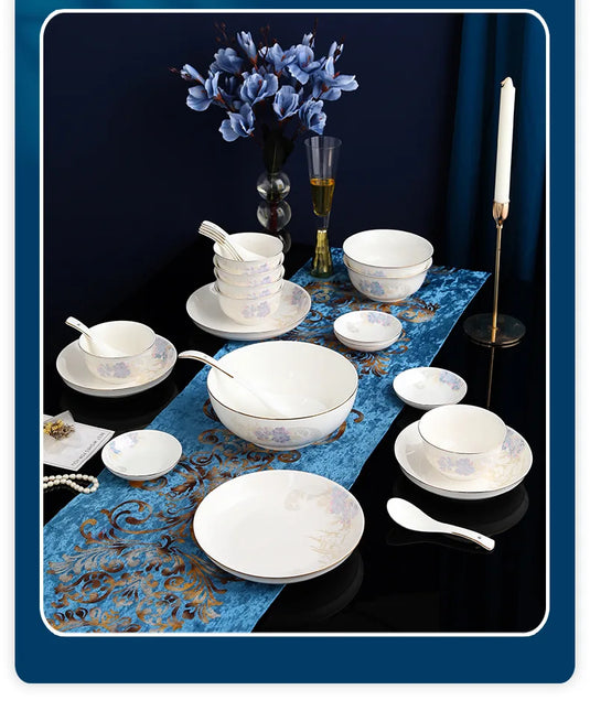 Zimo Flower Phnom Penh Bone Porcelain Tableware, Household Light Luxury Ceramic Bowl and Spoon Set, Bowl and Plate Combination