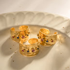 Kleurrijke kubieke zirkonia CZ steen kristal brede band sieraden vrouwen roestvrij staal waterdicht 18K goud vergulde statement ringen