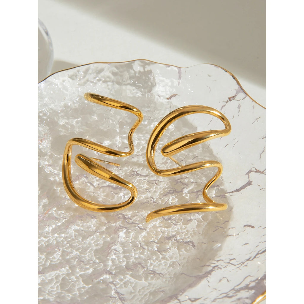Minimalist 18K Gold Plated Stainless Steel Design Sense of Rotary Line Earrings Women Daily Metal Texture Trendy Charm Jewelry - Grand Goldman