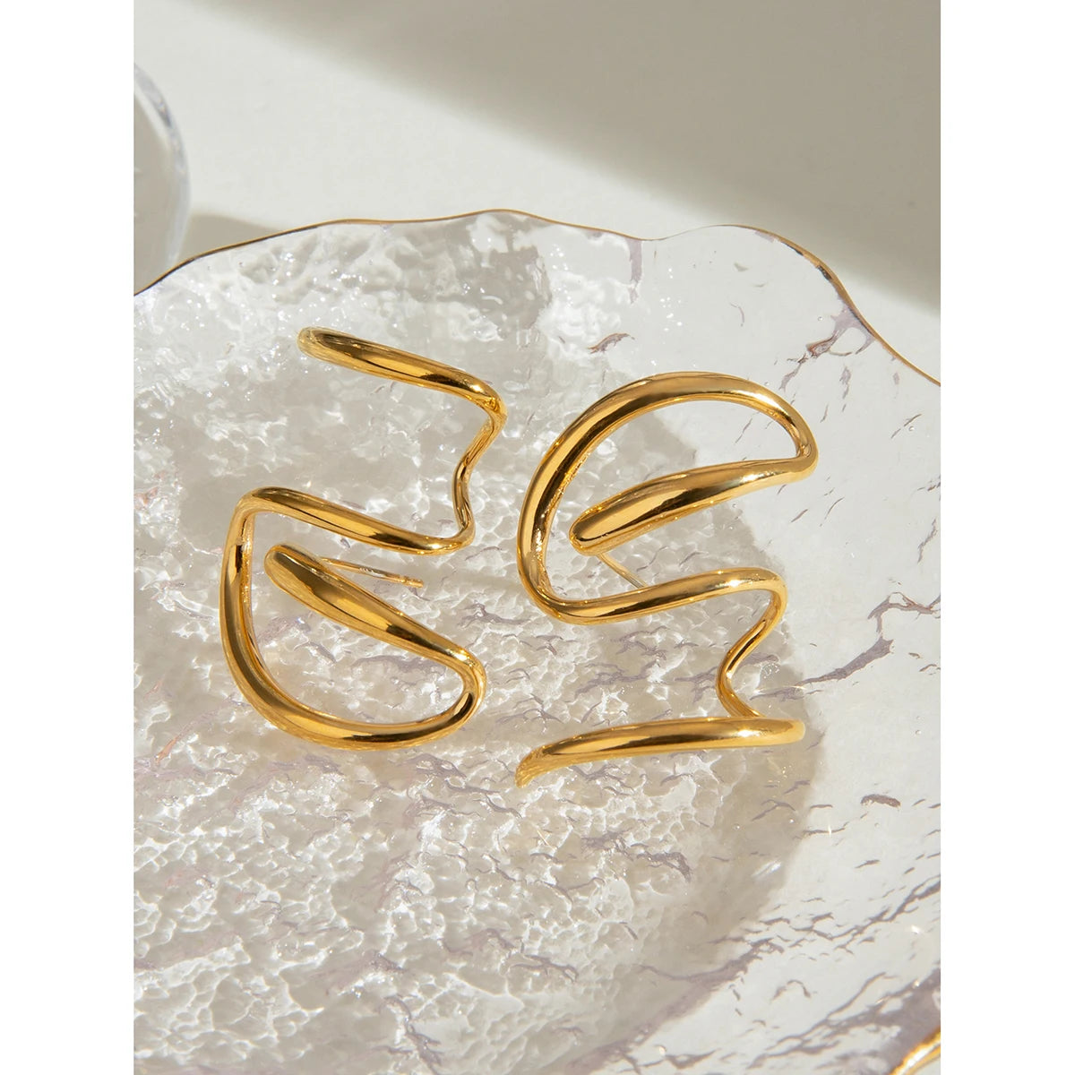 Minimalist 18K Gold Plated Stainless Steel Design Sense of Rotary Line Earrings Women Daily Metal Texture Trendy Charm Jewelry - Grand Goldman