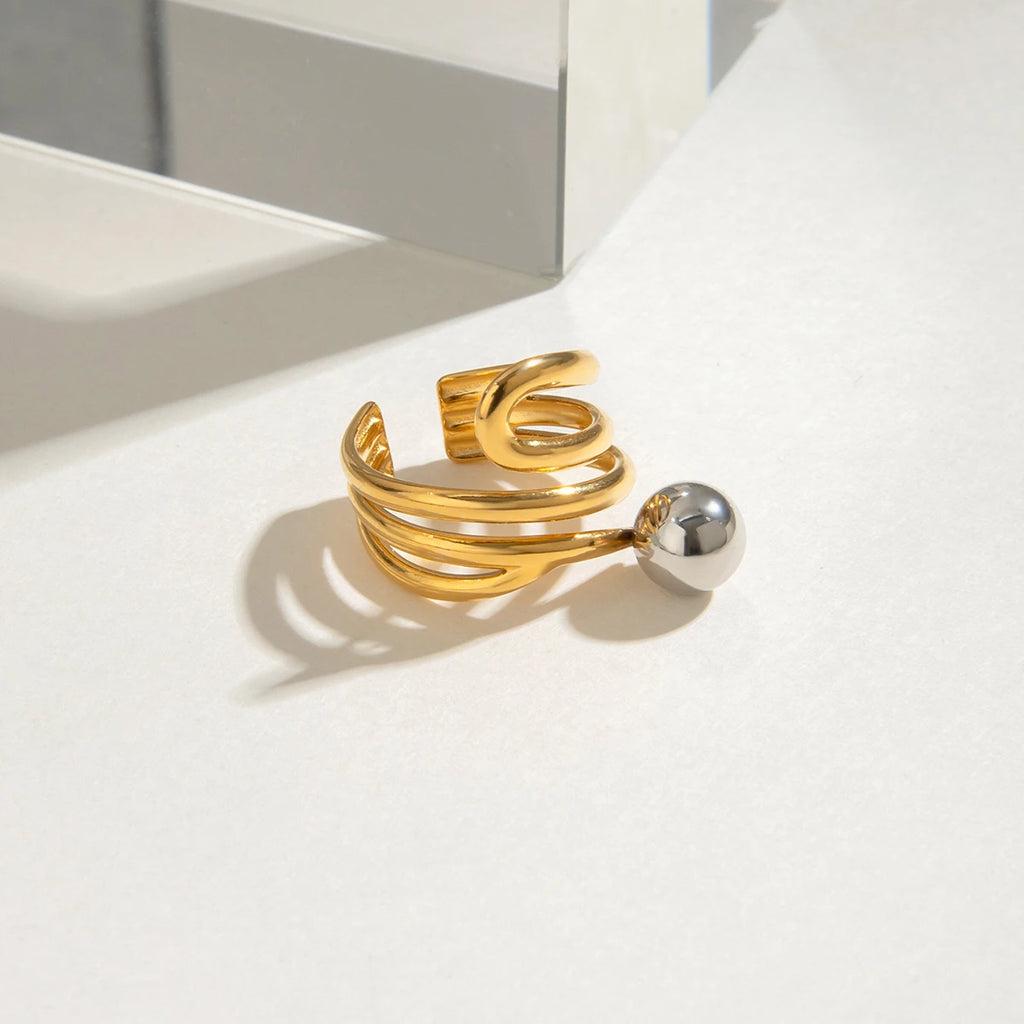 Gold Silber Farblich Passender Mehrschichtiger Unregelmäßiger Stahlkugelring 18K PVD Beschichtet Damen Antiallergischer Metallanhänger Täglicher Schmuck