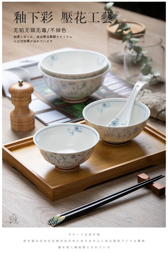 Jingdezhen keramisk service, fadesæt, japansk husholdningsrisskål, underglasurfarvet service