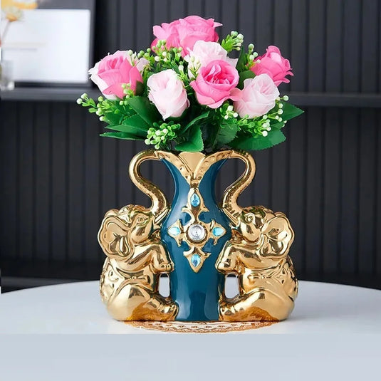 Europæisk stil keramisk guldvase - kreativ elefantsvane udsmykket andeblå bordpladevase til bolig- og spisebordsdekoration