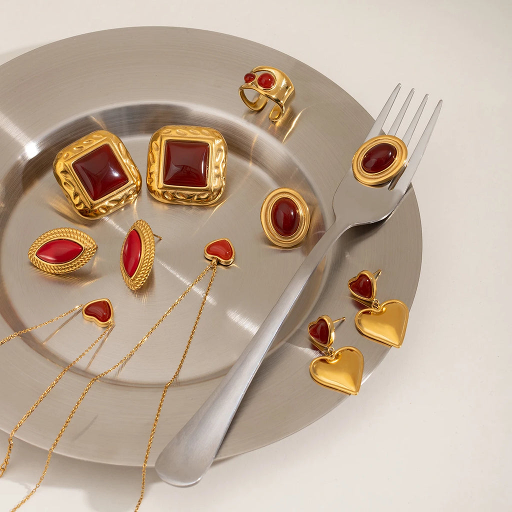 18k forgyldt rustfrit stål indlagt natursten rød agat øreringe Halskæde Armbånd serie Bijoux Femme vandtætte smykker