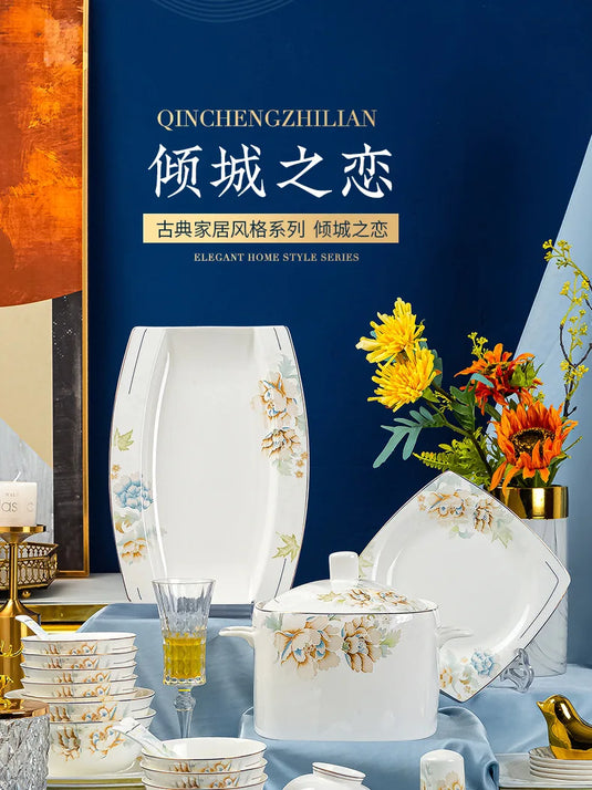 Jingdezhen Bone Porcelain Bowl and Dish Set, Light Luxury Ceramic Tableware Bowl and Chopstick Set